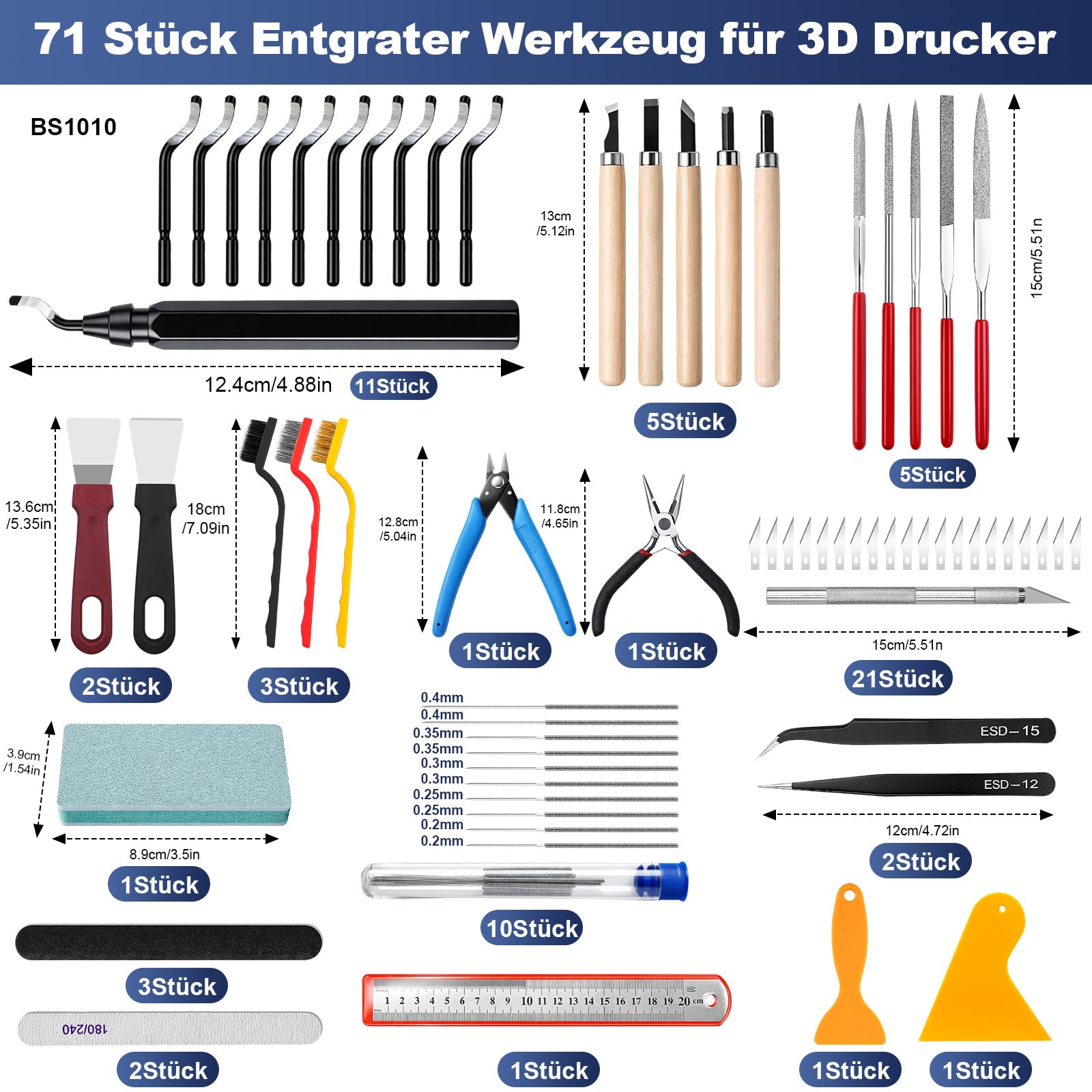 71 Pièces Kit d'Outils Pour Imprimante 3D,Outils Impression 3D Avec 10 Lames Différentes, Limes Et Cutter Latéral Pour Accessoires Imprimante 3D, Bricolage, Modélisme, Art, Plastique