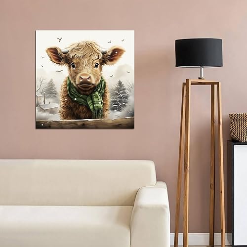 Miniatura 7 de Un becerro de las tierras altas con un sombrero y bufanda de lana a cuadros verdes, póster, pintura decorativa, lienzo, arte de pared, póster de