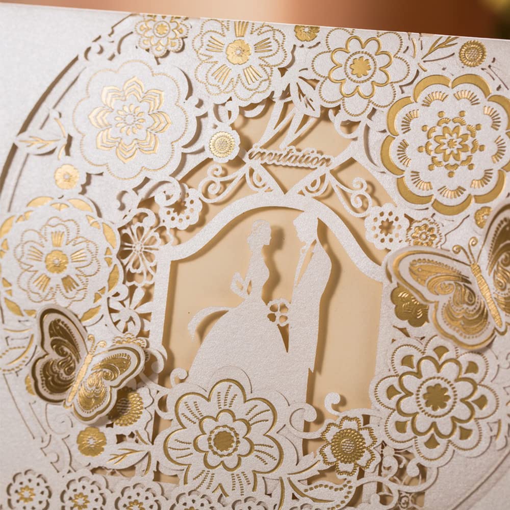 CYSKY Wedding Invitation Card 50 pezzi biglietti invito al taglio laser con carta stampabile vuota e buste per matrimonio, fidanzamento, anniversario (Bianca)