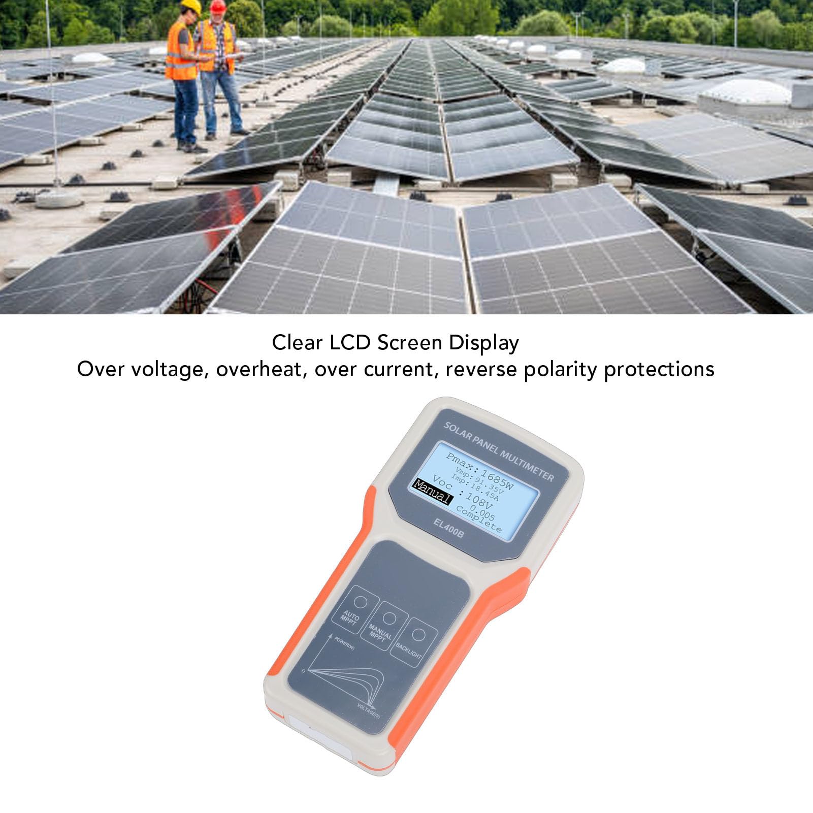 SIXRUN Tester per Pannelli Solari, Multimetro Fotovoltaico MPPT con Display LCD, Misura Tensione e Corrente per Sistemi Solari da 5-400 W per Utenti e Installatori