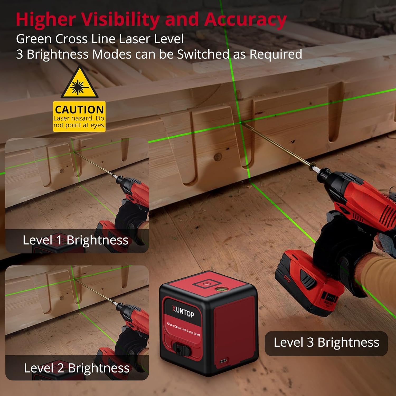 XUNTOP Nivel Laser Autonivelante 30m Nivel Láser Verde con Modo Autonivelante y Manual Nivelación Láser Recargable IP54 con Base Magnética para Obras de Construcción, Decoración del Hogar, DIY