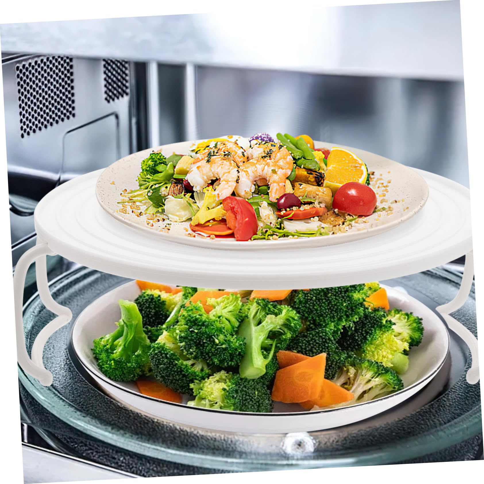 VILLCASE 2 pezzi Piatto Rialzato Microonde in Resistente Scaffale da Cucina Strati per Stoccaggio e Cottura Vapore Teglia Rotonda Multiuso per Forno e Microonde