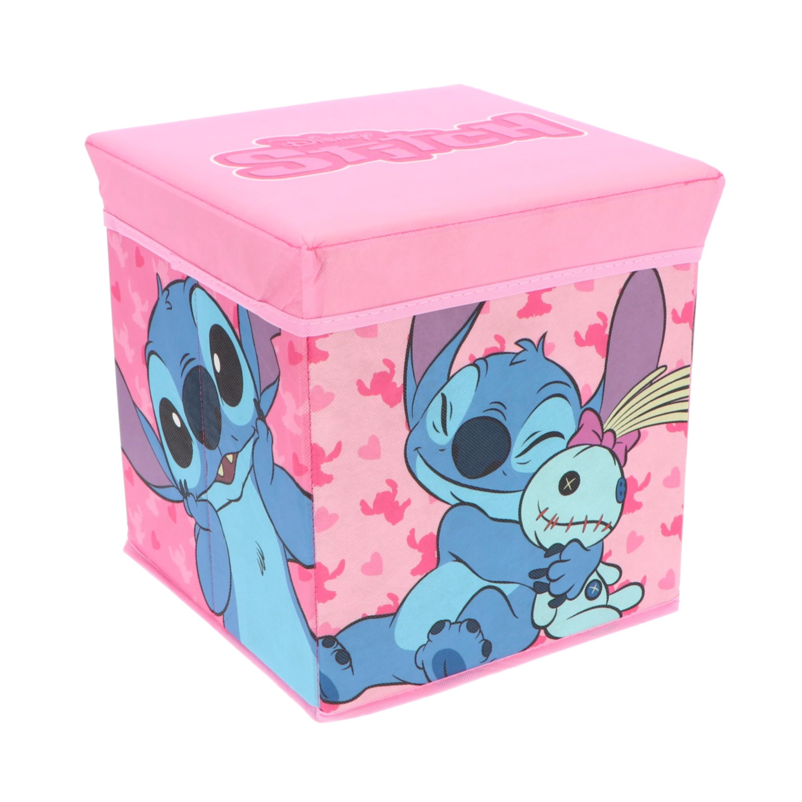 Children’s Folding Storage Toy Box Stool – 30×30×30 cm | Foldable Ottoman with Removable Lid | Kids Toy Chest & Seat | Folds Flat for Easy Storage | Fun Designs for Playrooms & Bedrooms (Stitch Pink)