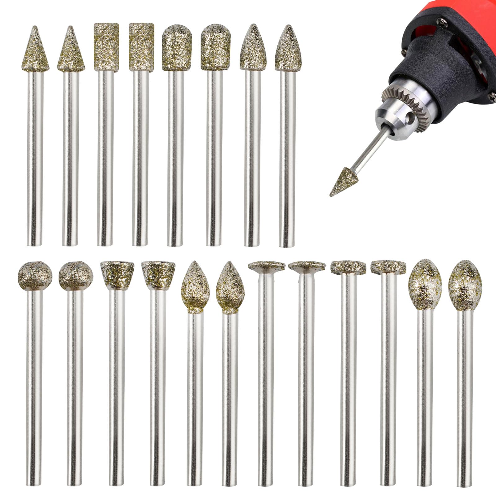 Set 20 Pezzi di Frese Diamantate per Intaglio,Set di Frese Diamantate con 3mm Gambo,Rotanti in Acciaio,Rotanti in Carburo di Tungsteno,per Rettifica,lucidatura,Incisione