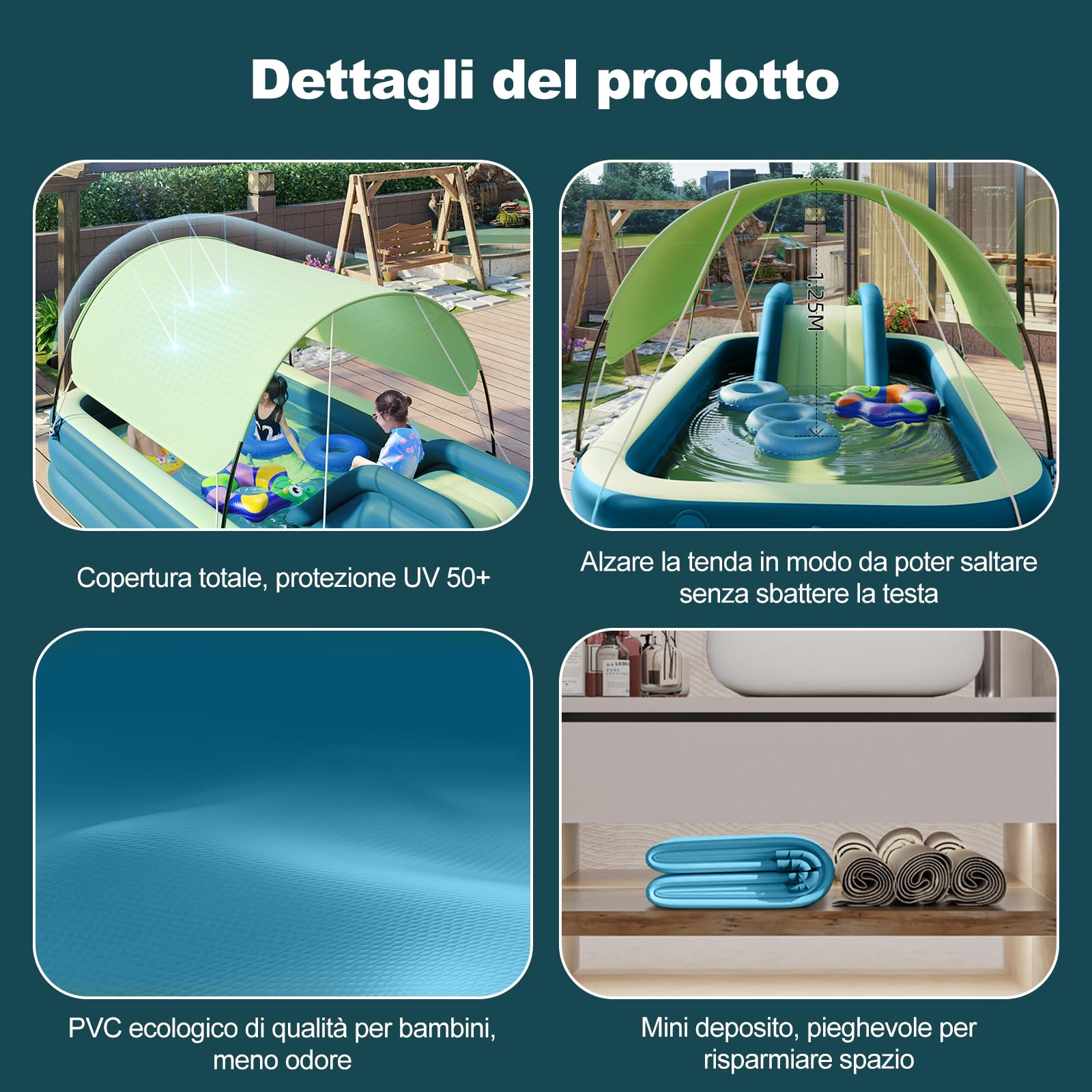 Ergocar Piscina Gonfiabile Bambini, Piscina Rettangolare con Acquascivolo e Tenda da Sole, per Cortile e Giardino