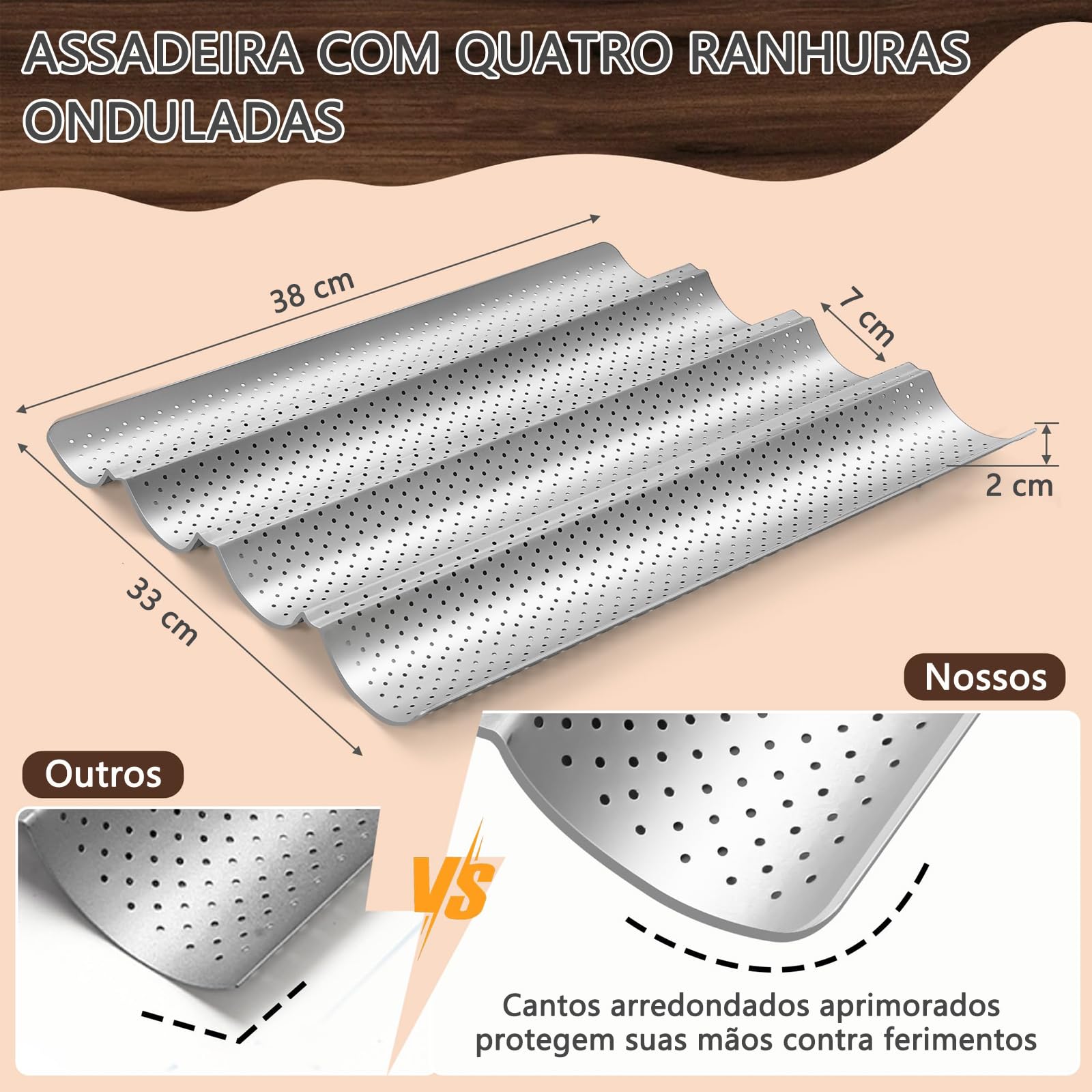 Kit 2Assadeiras de Pão Francês Perfuradas Antiaderentes,38X33cm