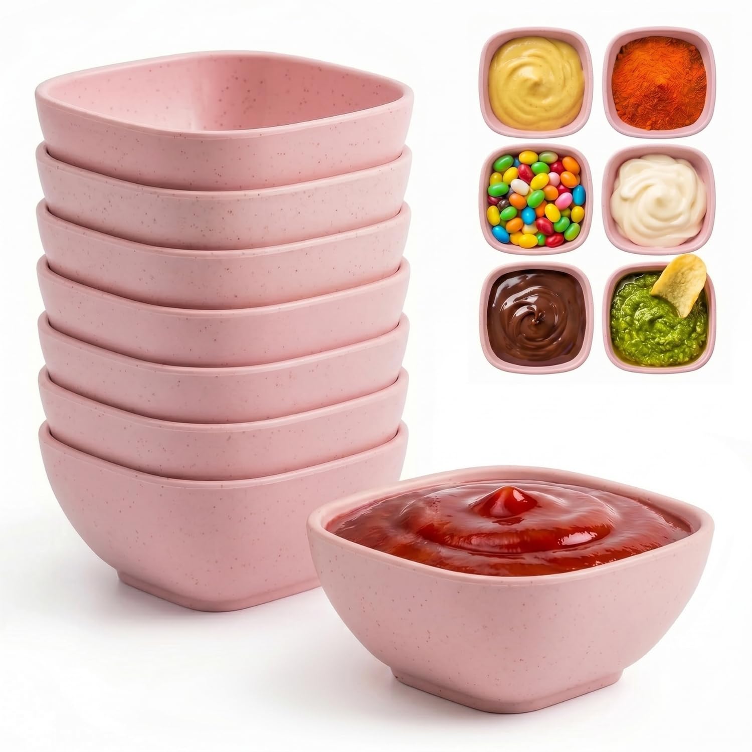 Wrova Reusable Dipping Bowls | Set of 8 | Unbreakable Small Plastic Bowls 5oz Mini Serving Bowls for Sauce, Sushi, and Snack, Microwave & Dishwasher Safe Dip Bowls for Kitchen, Camping, Party - Pink