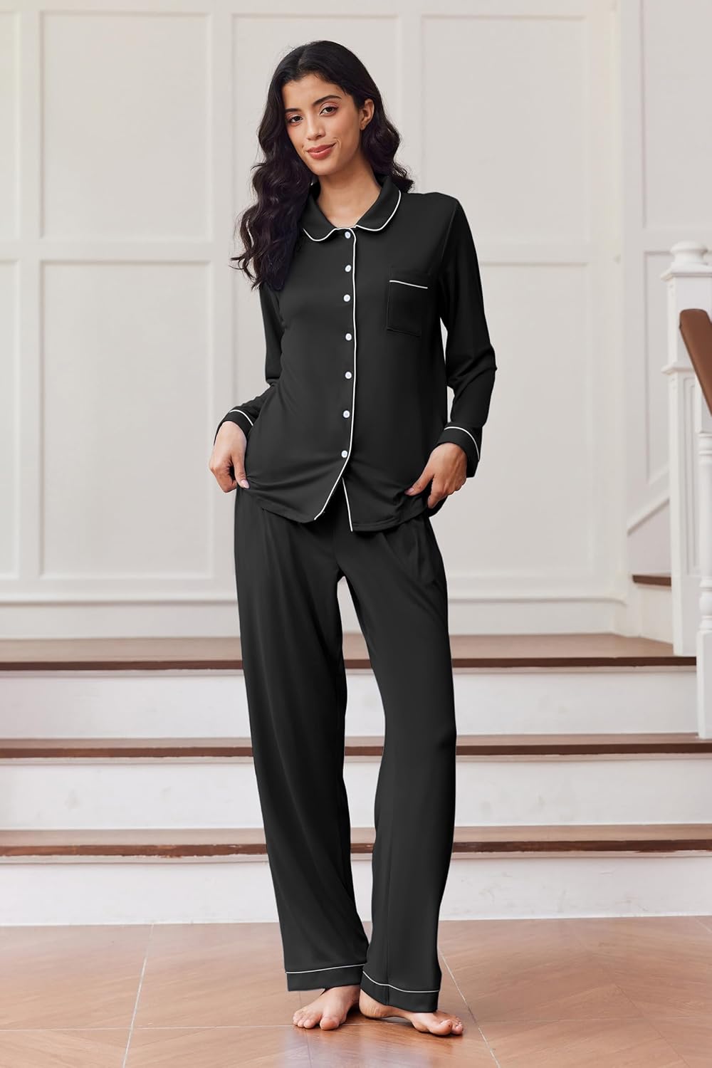 Ekouaer Pajama Sets Women Classic Long Sleeve Button Down Sleepwear Soft Pjs Lounge Sets - Image 2