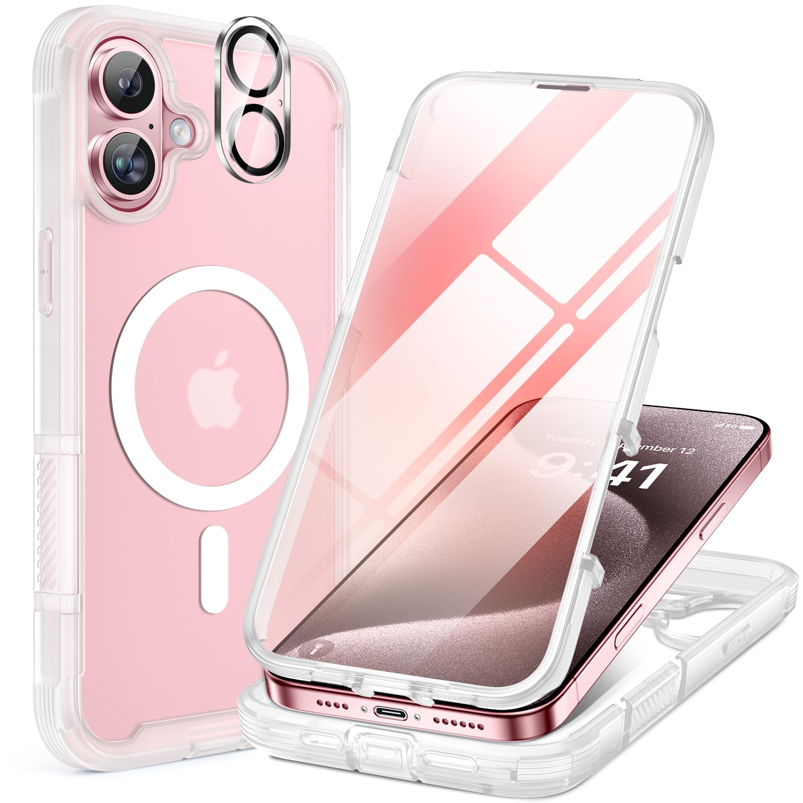 Miracase Magnetic Case for iPhone 16 Case Full Body Bumper Clear  Back Cover Compatible with MagSafe and Built-in 9H Tempered Glass Screen