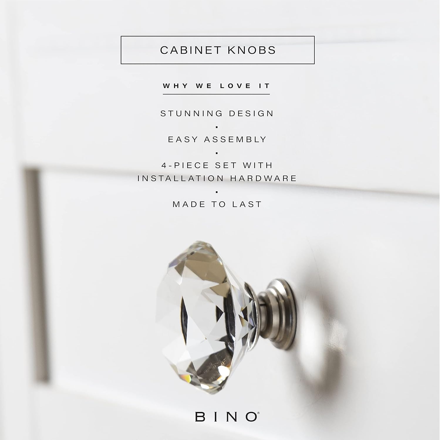 BINO 4-Pack Crystal Drawer Knobs - 1.5" Diameter (38mm), Satin Nickel - Dresser Knobs for Dresser Drawers Crystal Knobs and Pulls Handles