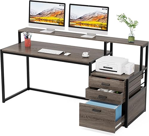 Miniatura 8 de Tribesigns - Escritorio para computadora de 63 pulgadas con cajón para archivos, escritorio ergonómico de oficina con soporte para monitor, mesa de