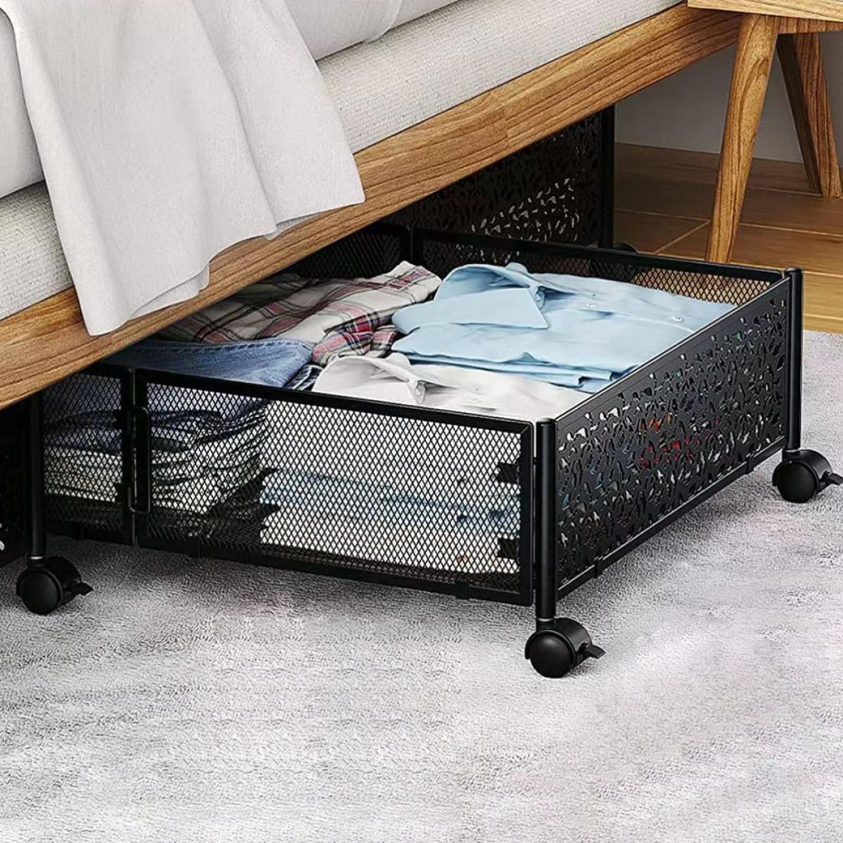 Hemobllo Contenitore Sotto Letto Pieghevole Cassettiere su Ruote in Acciaio Inossidabile e Plastica Nero, Grande Capacità per Organizzazione Sotto Divano e Altri Spazi