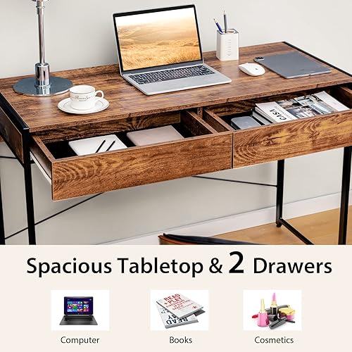 Miniatura 4 de Tangkula Escritorio industrial para computadora con 2 cajones, escritorio de estudio simple con cajones, estación de trabajo para computadora Marrón