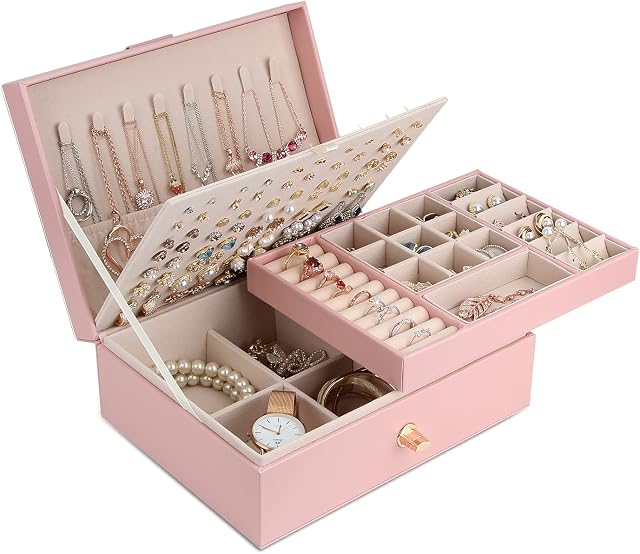 Chelory Jewellery Boxes Organiser for Earrings Rings Necklace Bracelets, 3 Layer Large Jewellery Box Storage for Women Girls, PU Leather Jewelry Case Holder with Stackable Layer Removable Tray, Pink
