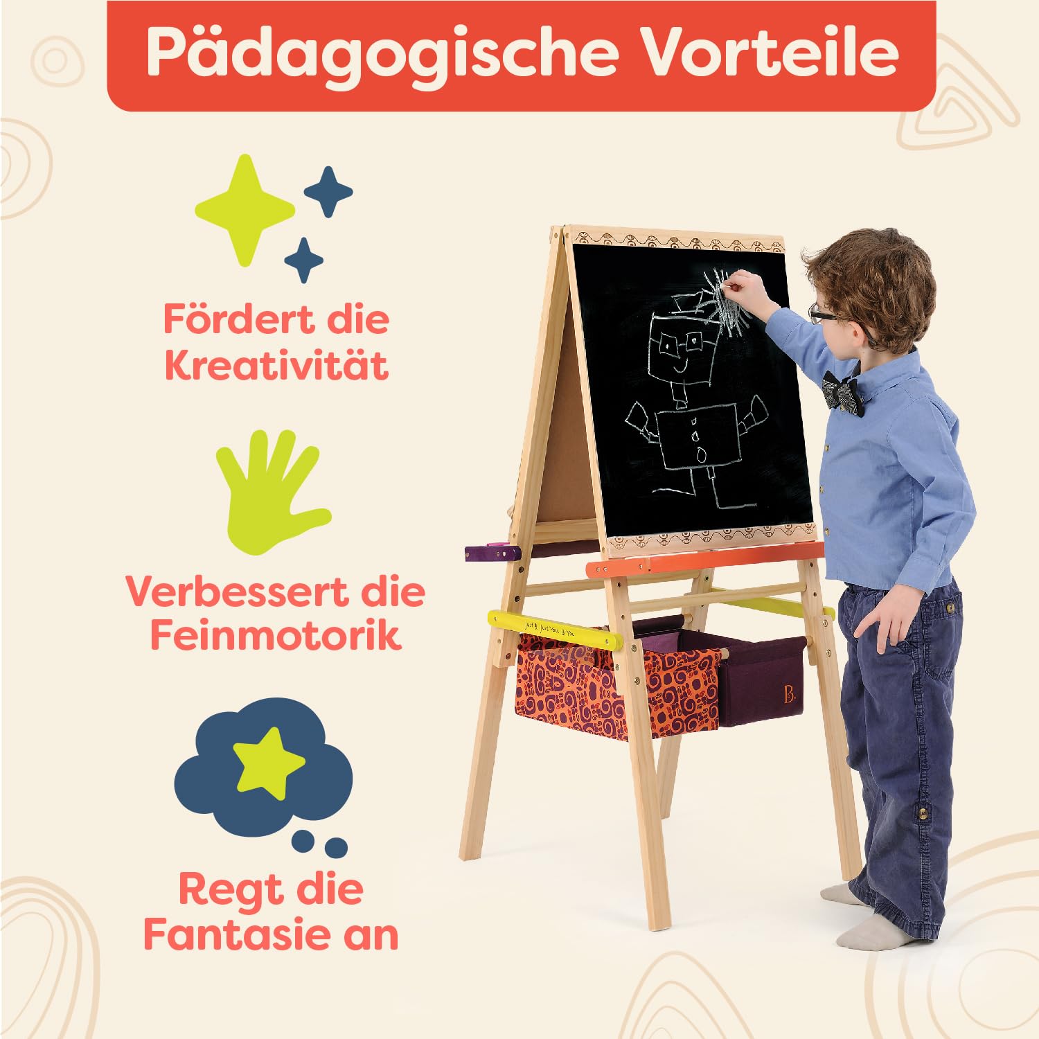 B. toys Tafel Kinder, Maltafel mit Kreidetafel, Whiteboard, Papierhalterungen, Ablagen und 2 Behälter für Zubehör – Staffelei Holz Spielzeug ab 3 Jahre