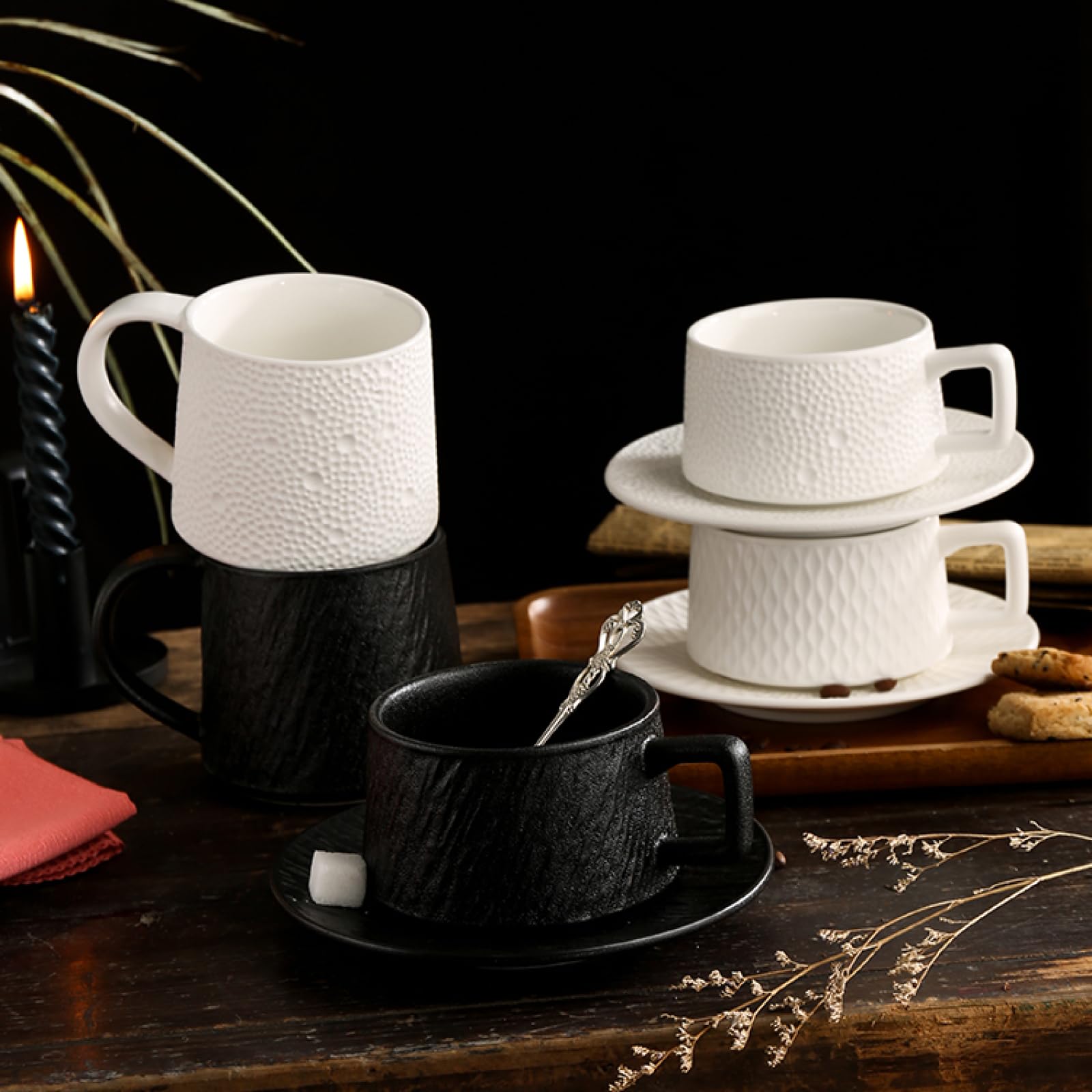 Juego de Taza y platillo de cerámica Minimalista de Lujo de 280 ml – Tazas Premium Europeas para Latte/Cappuccino | Apto para Uso doméstico y de Oficina (Taza a Rayas B)