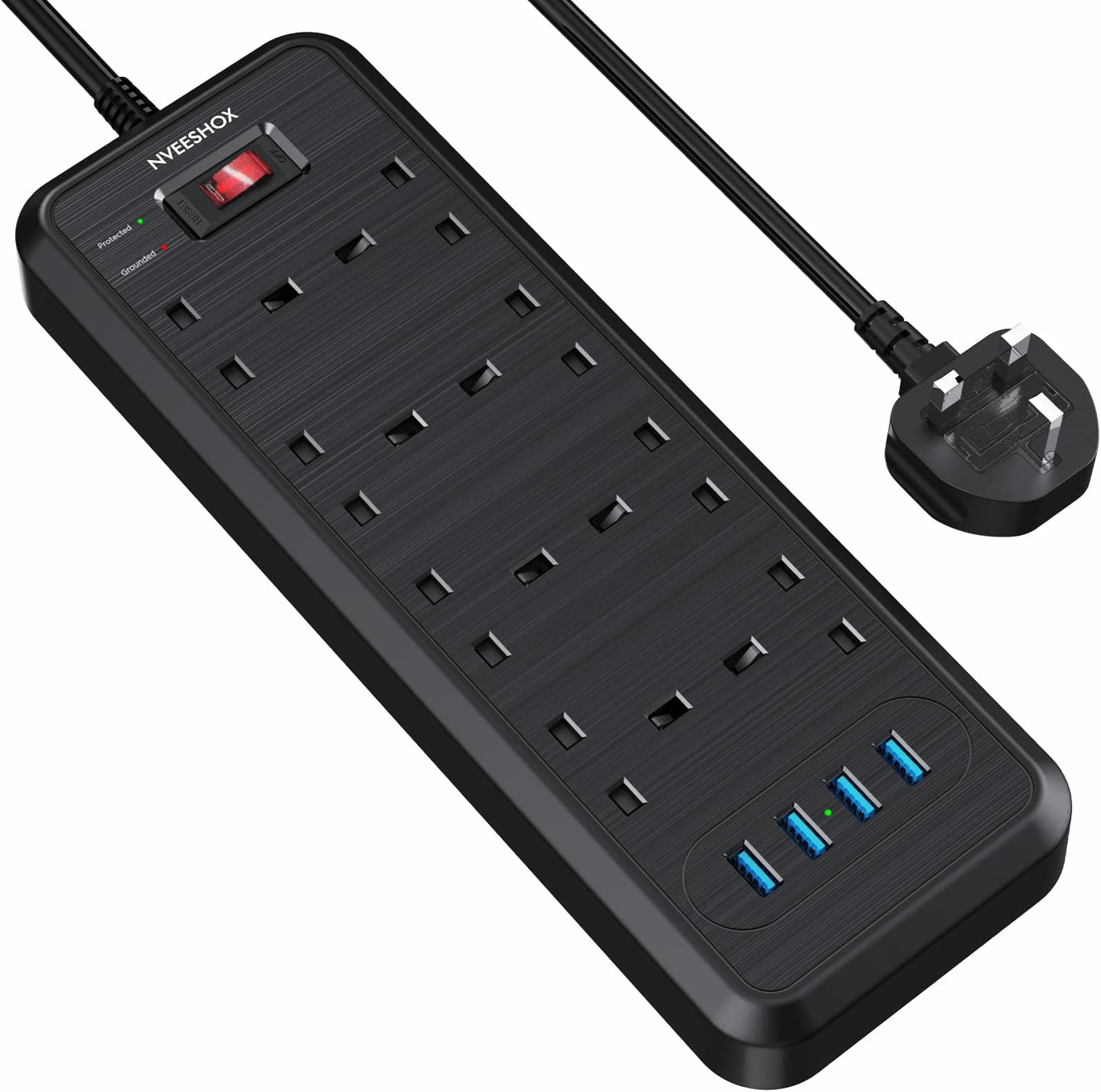 NVEESHOX 9 Plug Extension Lead 2M Cord with Surge Protection 4 USB Slots