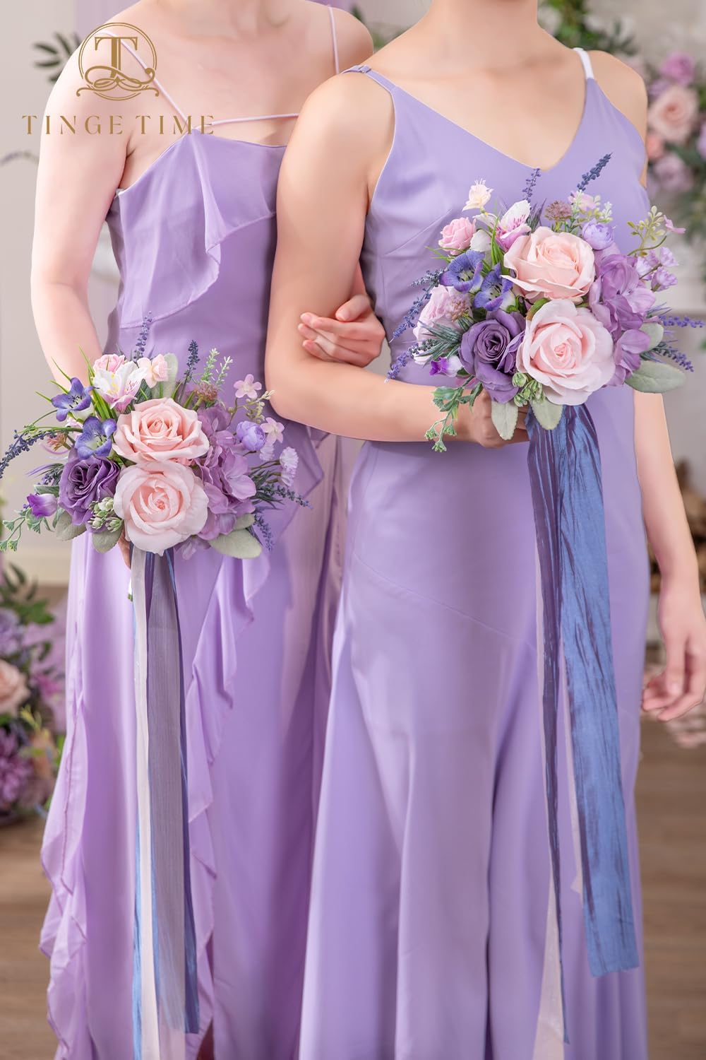 TINGE TIME Bridesmaid Bouquets for Wedding Set of 4 Violet&Mistyrose 7 Inch Wedding Bouquets Artificial Silk Flowers Bridal Bouquets for Bridesmaids, Wedding Decor, Anniversary