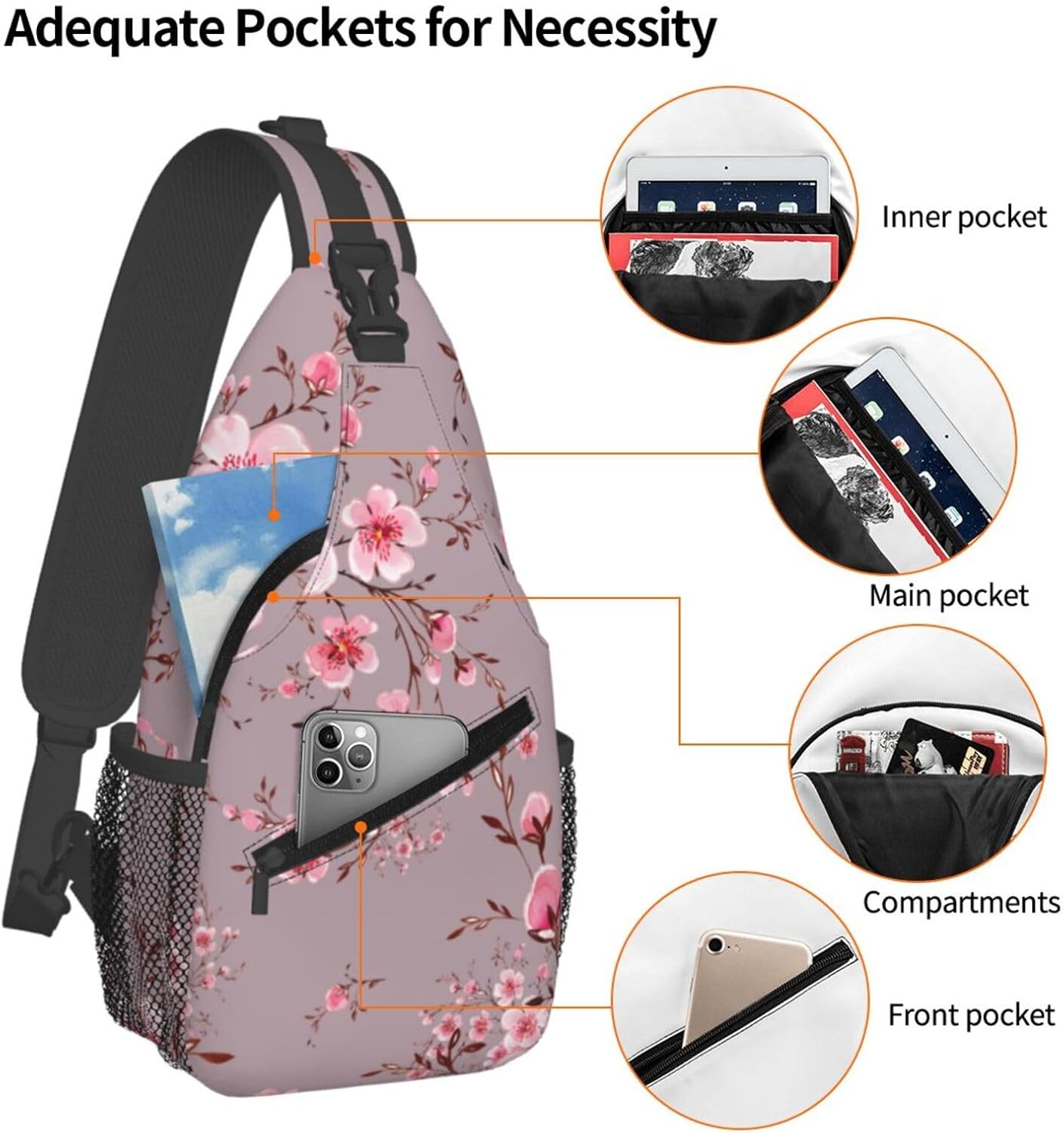Pink Cherry Blossom Crossbody Sling Bag for Women Men Watercolor Hand Painted Blooming Branches Travel Sling Backpack Casual Shoulder Bag Beautiful Japanese Floral Print Hiking Daypack - Image 3