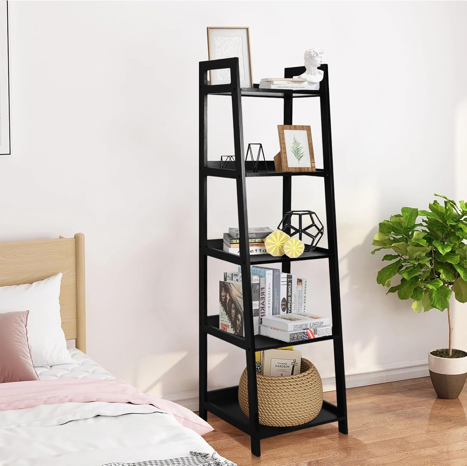 5 Tier Ladder Shelf, Large Capacity Bookshelf with Steel Frame and Wooden Surface, for Living Room, Bedroom, Kitchen, Black