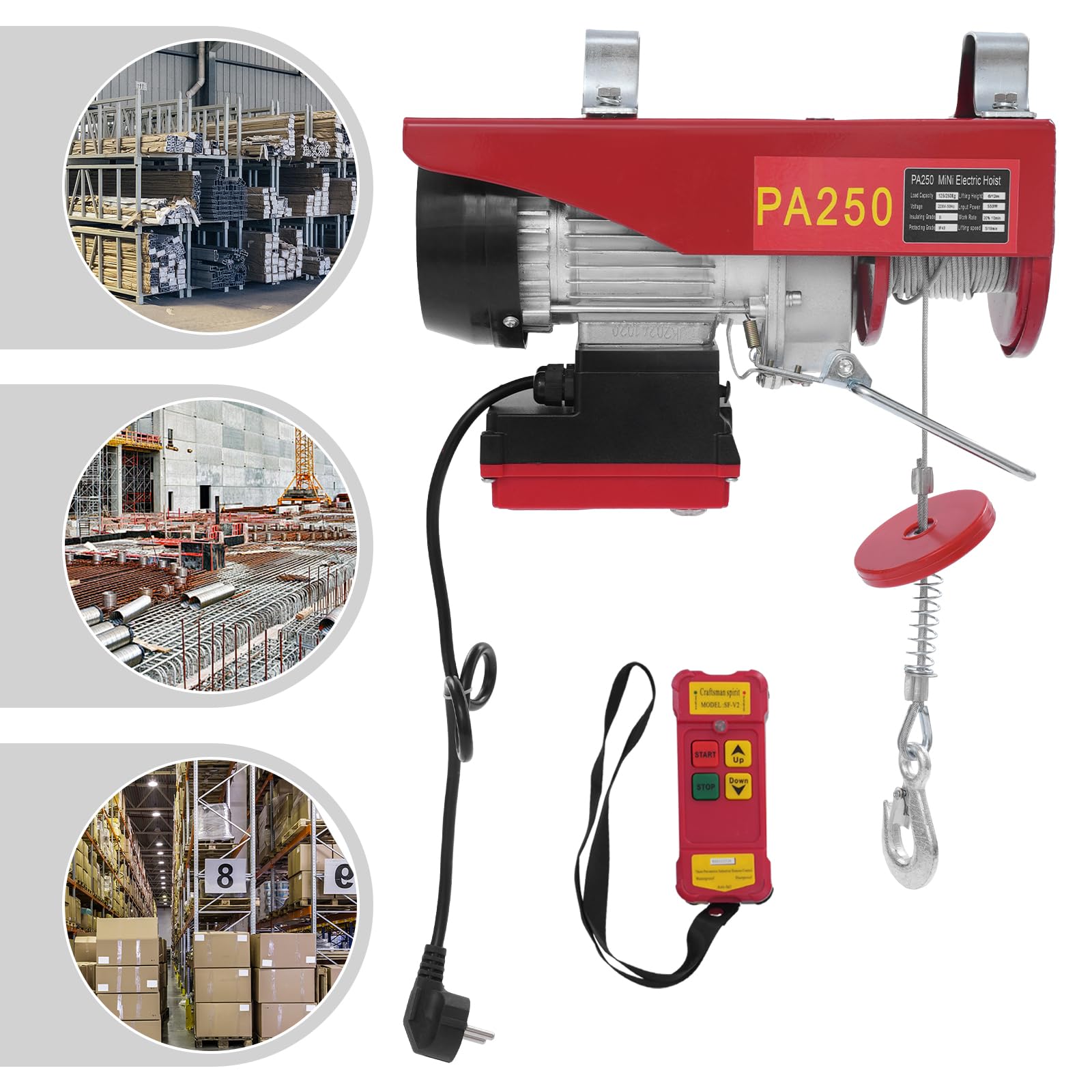 Cabrestante eléctrico, polipasto eléctrico, polea eléctrica con mando a distancia inalámbrico, cable eléctrico, suspensión simple y doble (250 kg)