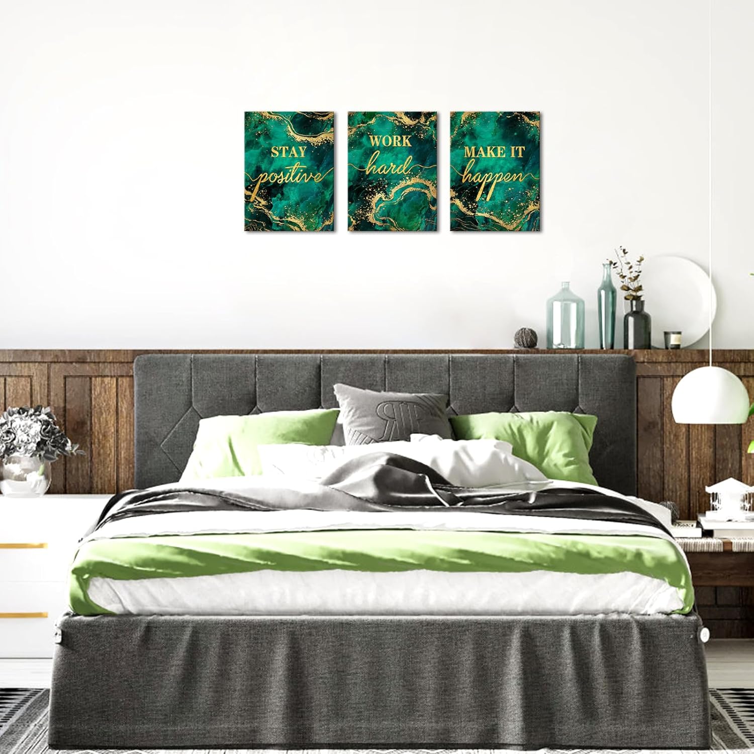 LevvArts Inspirational Wall Art Canvas Stay Positive Work Hard Make It Happen Sign Painting Modern Home Office Green and Gold Decor (Green)