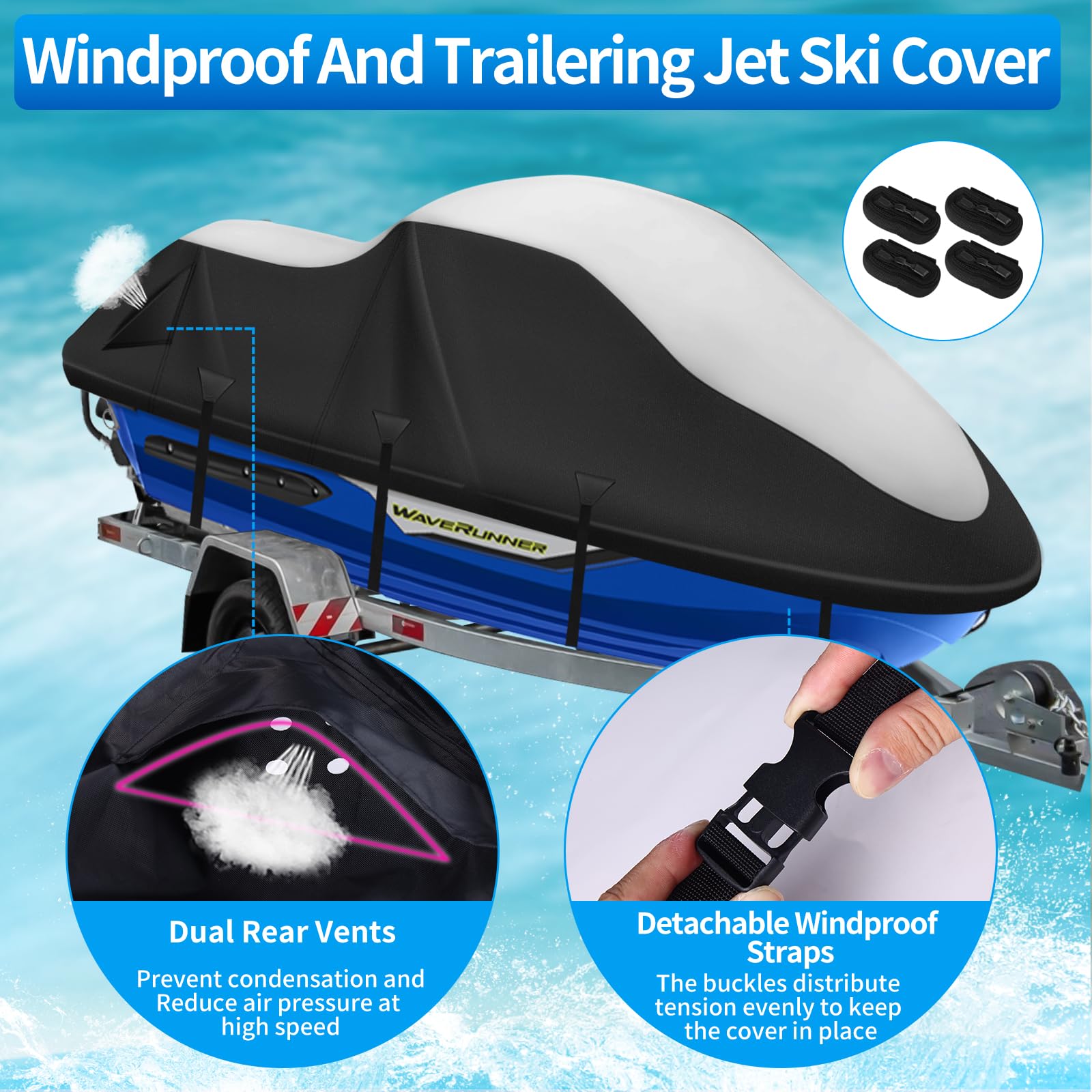 Couverture pour Jet Ski, Housse de protection Jetski 900D haute résistance, 2 ouvertures de ventilation, boucles de protection contre le vent améliorées avec renfort en tissu triangulaire, pour Yamaha