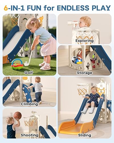 Miniatura 4 de BIERUM Tobogán para niños pequeños, 6 en 1, para interiores y exteriores, con aro de baloncesto, juego de golf y telescopio, juego de escalador en