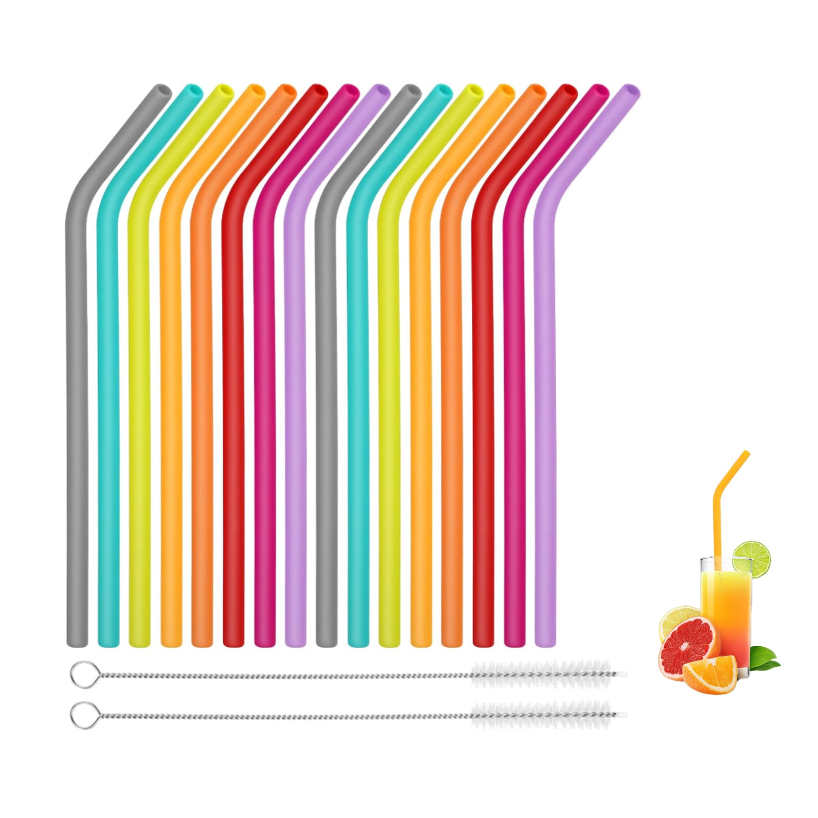 Shirene Reusable Silicone Drinking Straws,16 Pcs 25cm Foldable Eco-Friendly Straws with 2 Cleaning Brushes for Travel,Parties,Cafes & Home,BPA-Free,Colourful Replacement for Plastic Straws