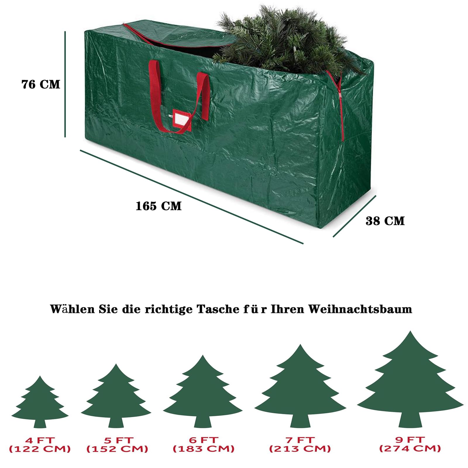 Torba do przechowywania choinki. Torba z zamkiem błyskawicznym, uchwyty do noszenia, pokrowiec transportowy na choinkę do 270 cm i inne dekoracje bożonarodzeniowe (zielona, L)