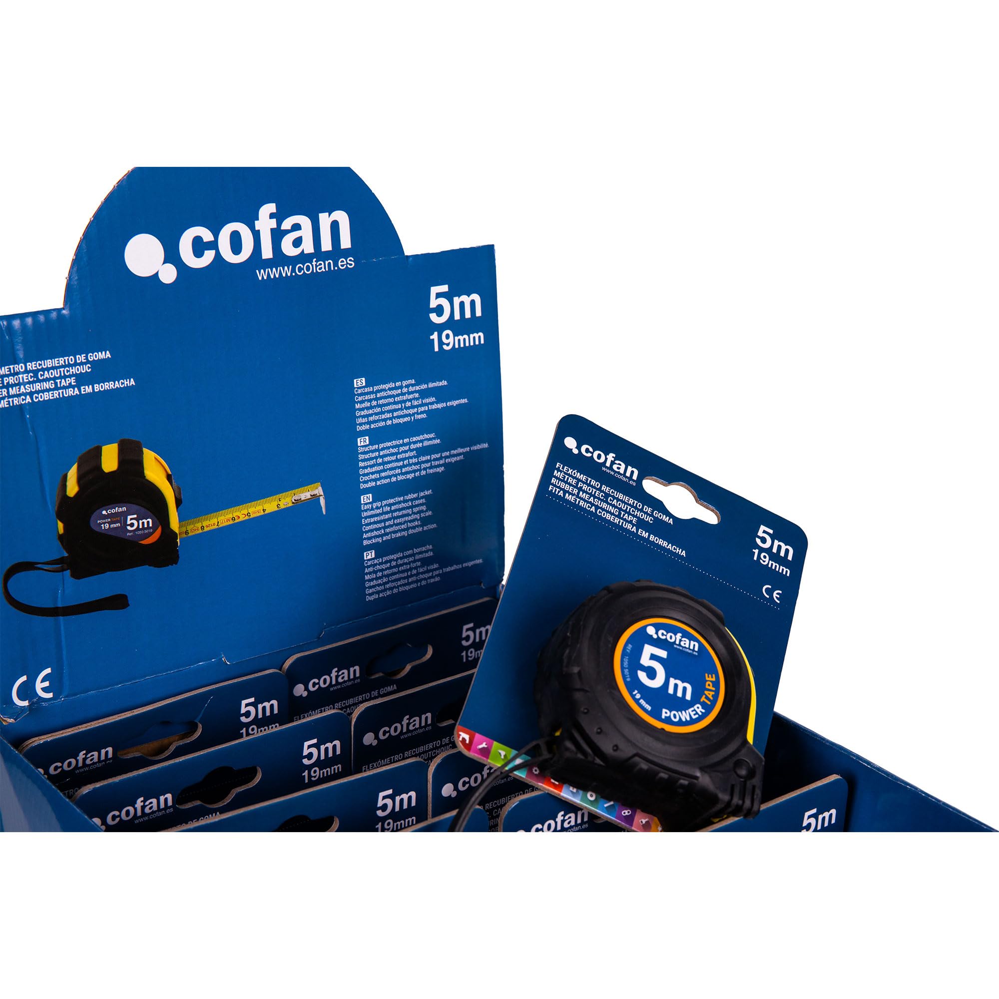 Cofan Espositore per Flexometri con protezione in gomma di Cofan | Include 12 flessometri | Flexometro 3 m x 19 mm o 5 m x 19 mm (foglio) (12, 5 m x 19 mm)