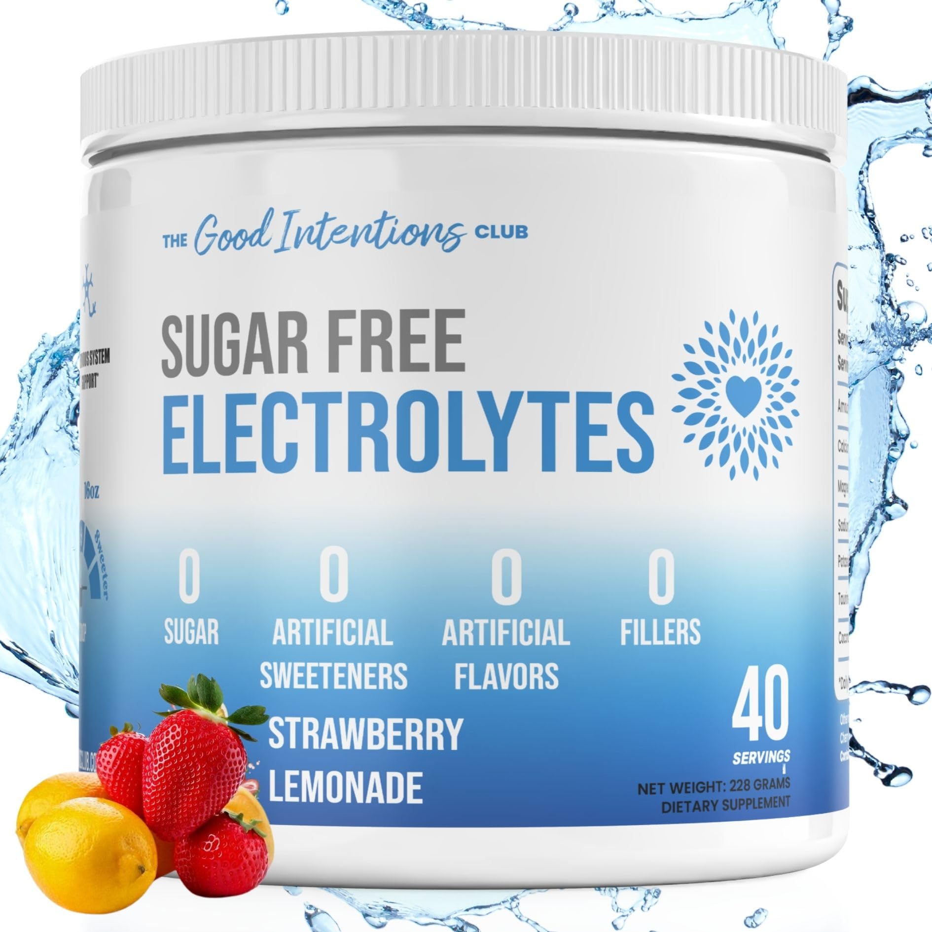 Sugar Free Electrolytes Powder - Zero Artificial Ingredients - Strawberry Lemonade Flavor - 40 Servings