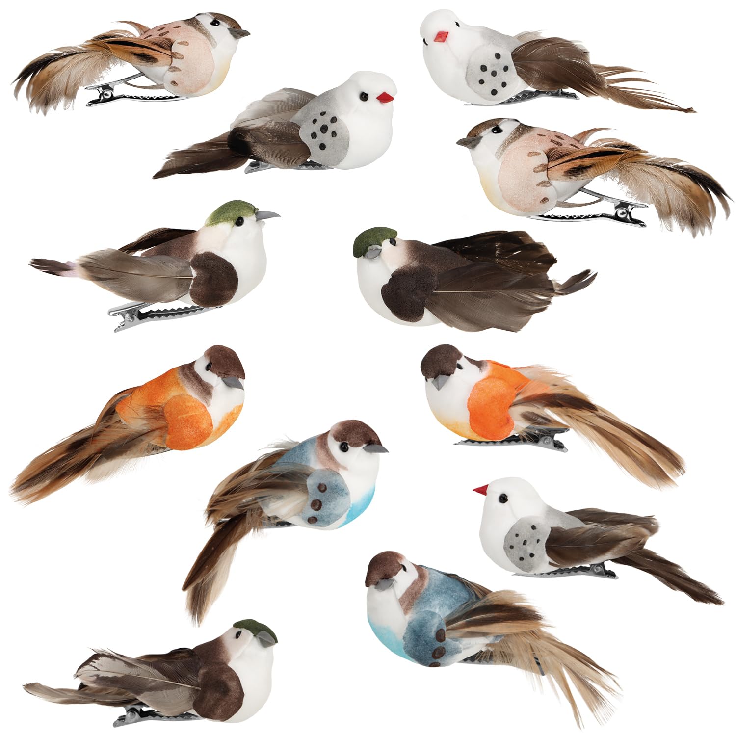 com-four® 12x Dekovogel - künstliche Vögel in 4 bunten Farben - Dekovögel mit Federn und Metall-Clip - Zier-Vogel für Ganzjahresdekoration - Wintervögel (12 Stück - Mix-Set 02)