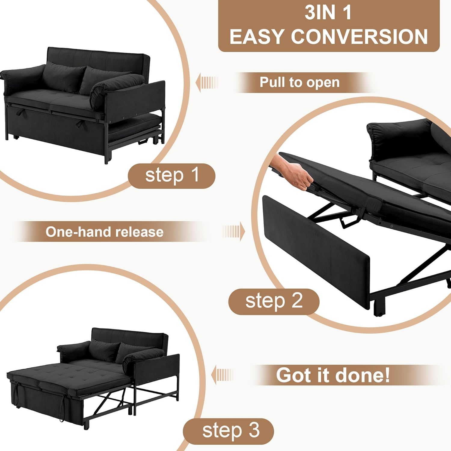 Convertible Sofa Bed, 3-in-1 Pull Out Couch Loveseat Sleeper Sofa with Adjustable Backrest & Soft Pillow, Small Couch for Small Spaces, Living Room, Apartment, Bedroom, Black