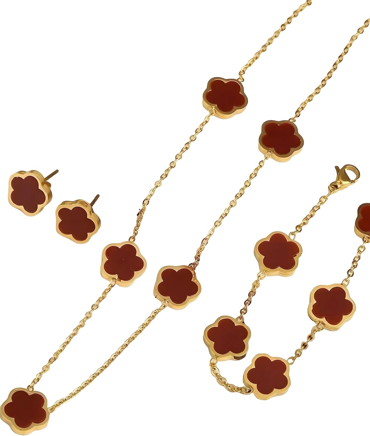 Lucky Clover 18K Gold Plated Clover Necklace Bracelet Earring for Women Fashion Cute Simple Jewelry Sets Hypoallergenic Women Jewelry Gift (Red)