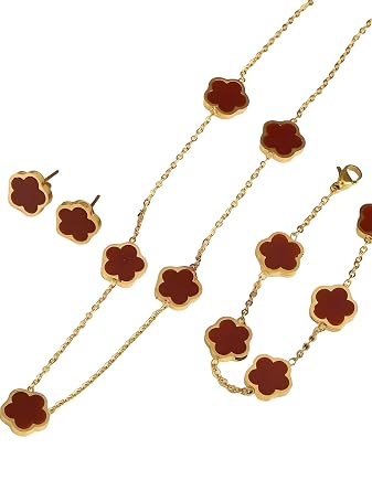 Lucky Clover 18K Gold Plated Clover Necklace Bracelet Earring for Women Fashion Cute Simple Jewelry Sets Hypoallergenic Women Jewelry Gift Red