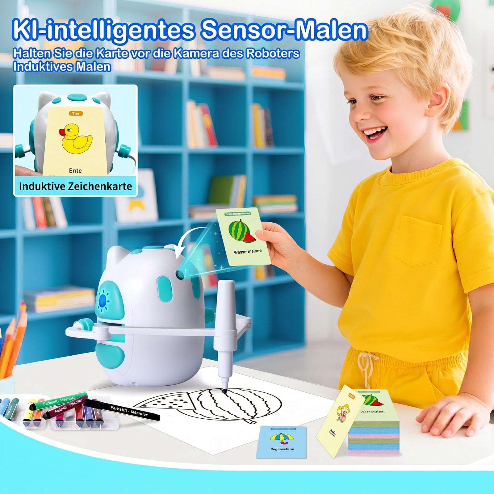 Zeichenroboter für Kinder 150 Lernkarten mit Sprachführung Montessori Malzeug Jungen & Mädchen 3-8 Jahre Geschenk Geburtstag Weihnachten (Englische Version)