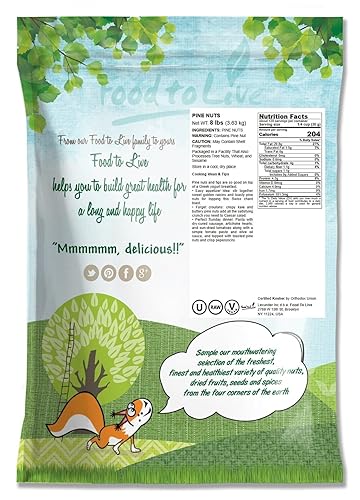 Miniatura 2 de Food to Live - Piñones, 8 libras - Pignolias enteras crudas, sin sal, Kosher. Rico en vitamina E, proteínas. Ideal para pesto, ensaladas, postres