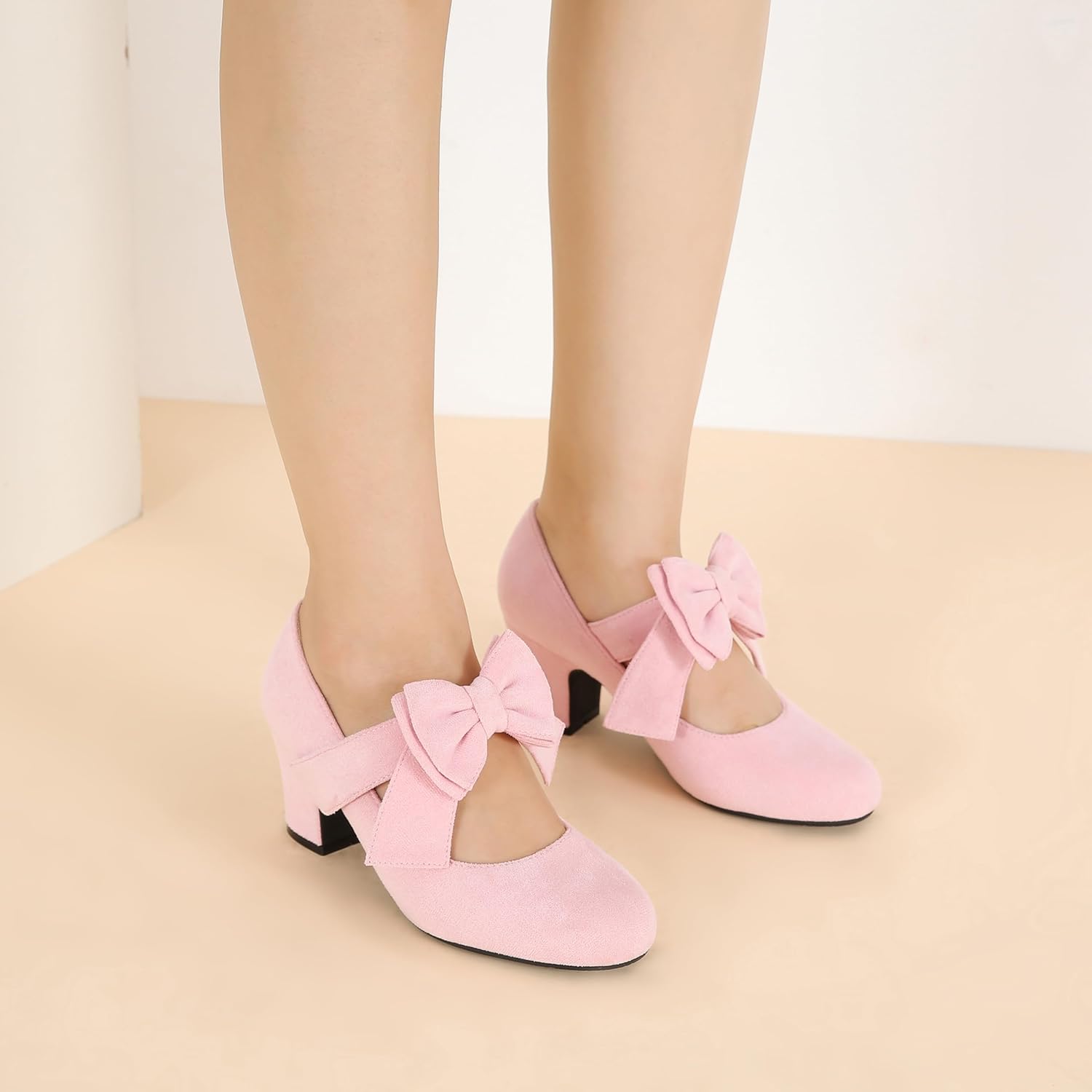 Women's Mary Jane Pumps with Bow, Block Heel, Closed Round Toe, Vintage Style