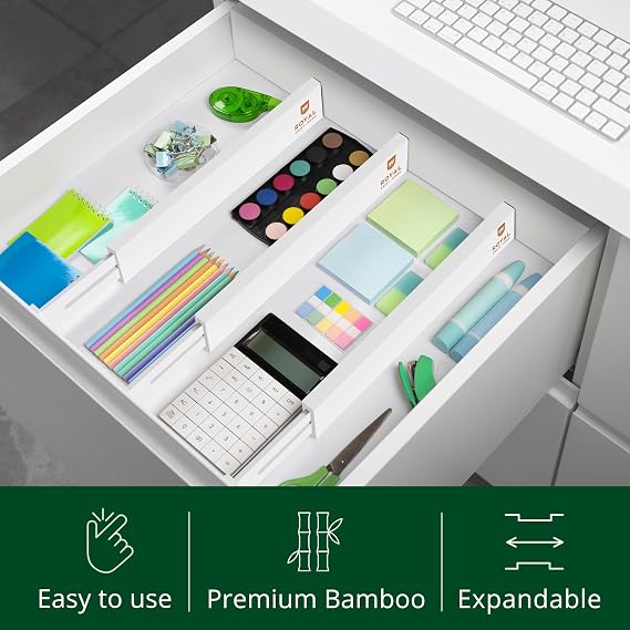 Bamboo Drawer Dividers Organizers, Adjustable Drawer Separator Splitters, 1722 Inches Expandable Drawer Divider Organizer for Large Utensils, Kitchen, Bedroom, Dresser & Office Drawers 4-Pack, White
