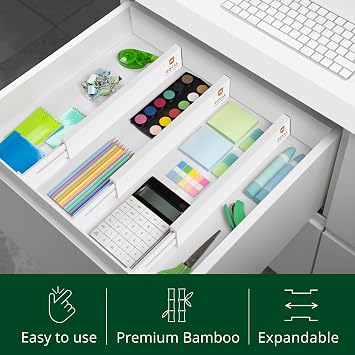 Bamboo Drawer Dividers Organizers, Adjustable Drawer Separator Splitters, 1722 Inches Expandable Drawer Divider Organizer for Large Utensils, Kitchen, Bedroom, Dresser & Office Drawers 4-Pack, White