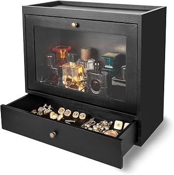 Black Wooden Cologne Organiser with Acrylic & Drawer Display | Vanity Storage Rack,Jewellery,Cosmetics,Display Stand ,Bedroom and Bathroom Vanity Storage