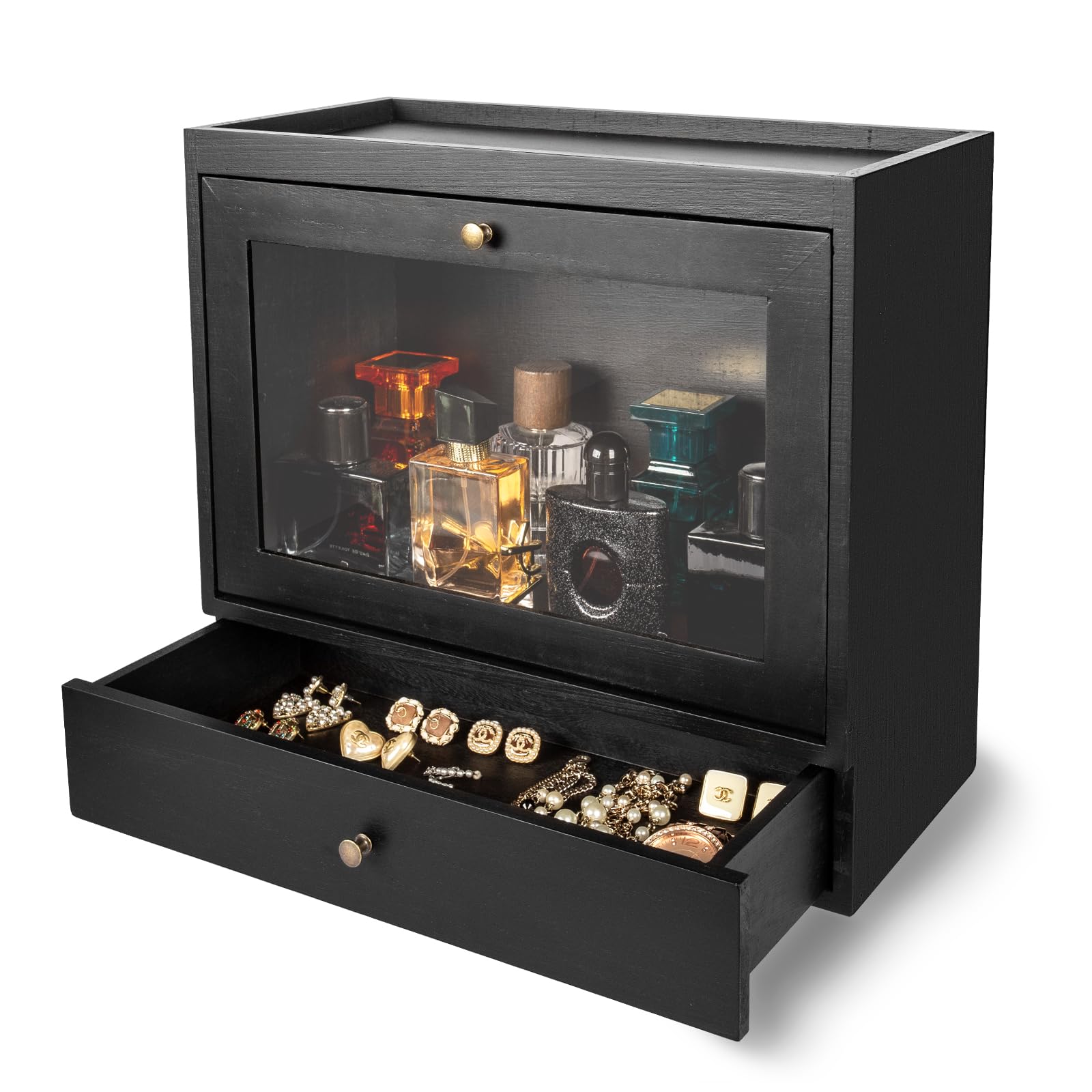 Organizador de Perfumes de Madera con Acrílico y Cajón, Almacena Perfumes Joyas Cosméticos para Hombres Mujeres, Dormitorio Baño Negro | Almacena Perfumes Joyas Cosméticos para Hombres Mujeres, Dormitorio Baño Negro