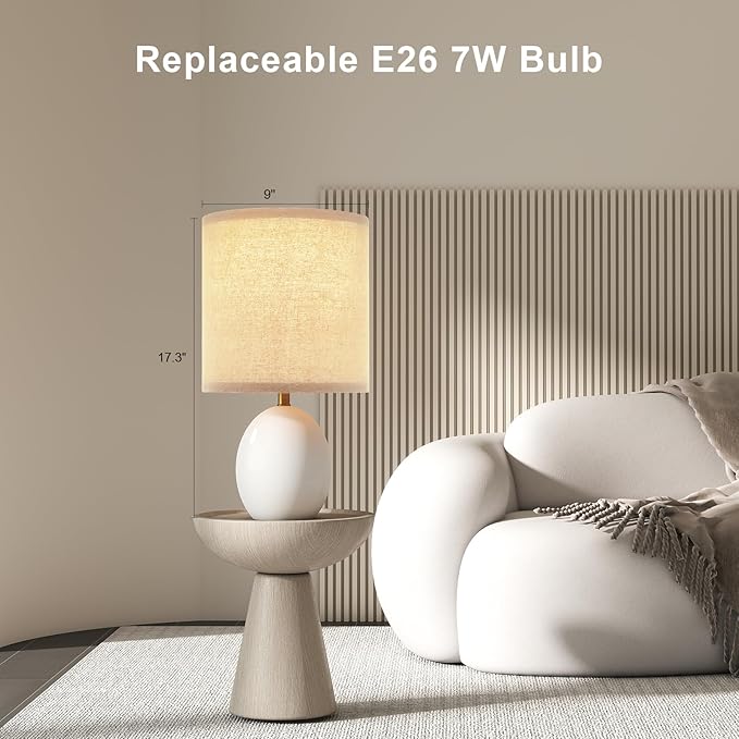 Dawnwake 17.3" Table Lamp Set of 2 for Living Room Bedroom, Bedside Lamps for Night Stands, Desk Nightstand Lamp Dimmable, Modern Linen White Ceramic Lamps (White) photo 3