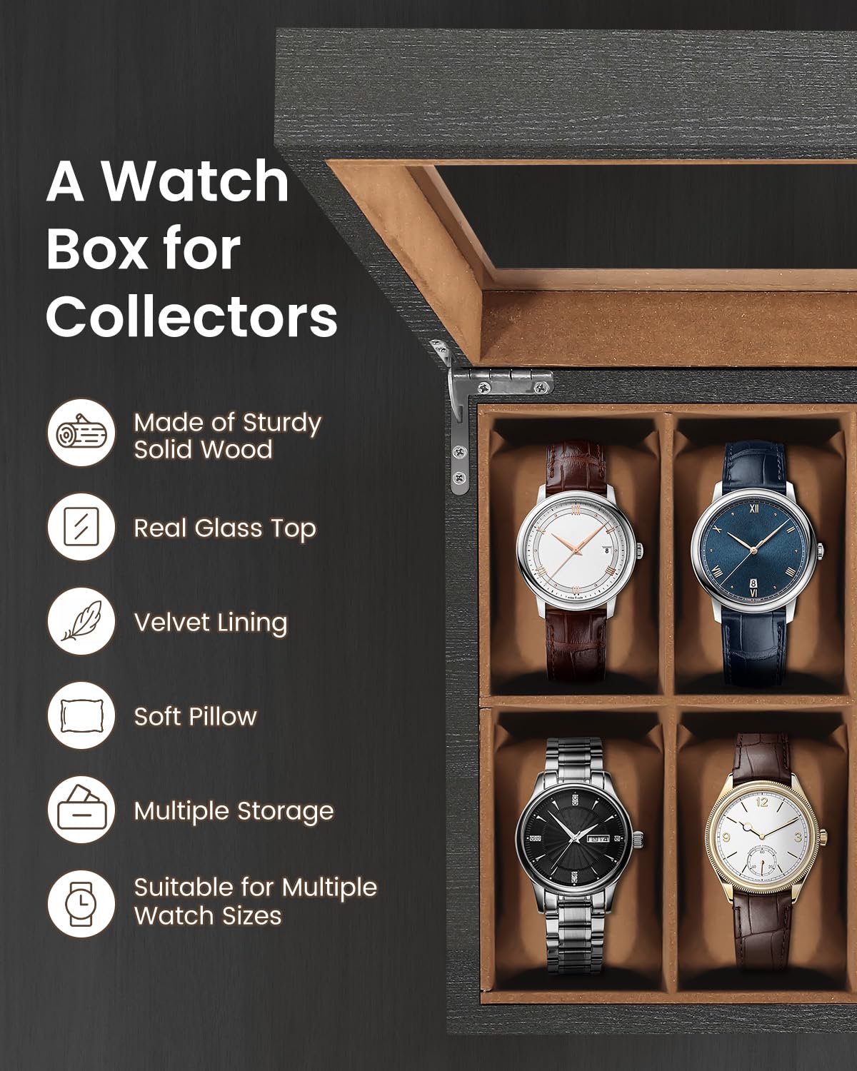 Uten Caja de Relojes con 12 Compartimentos, Caja para Reloje Madera, Tapa de Vidrio y Almohada Algodón Seda, Forro Marrón, para Exhibición y Almacenamiento de Relojes Joyería, Regalo Ideal