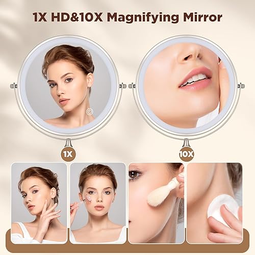 Miniatura 2 de Espejo de maquillaje de tocador de 8 pulgadas montado en la pared, espejo de aumento LED 1X10X de doble cara, 3 luces de color y espejo de afeitado