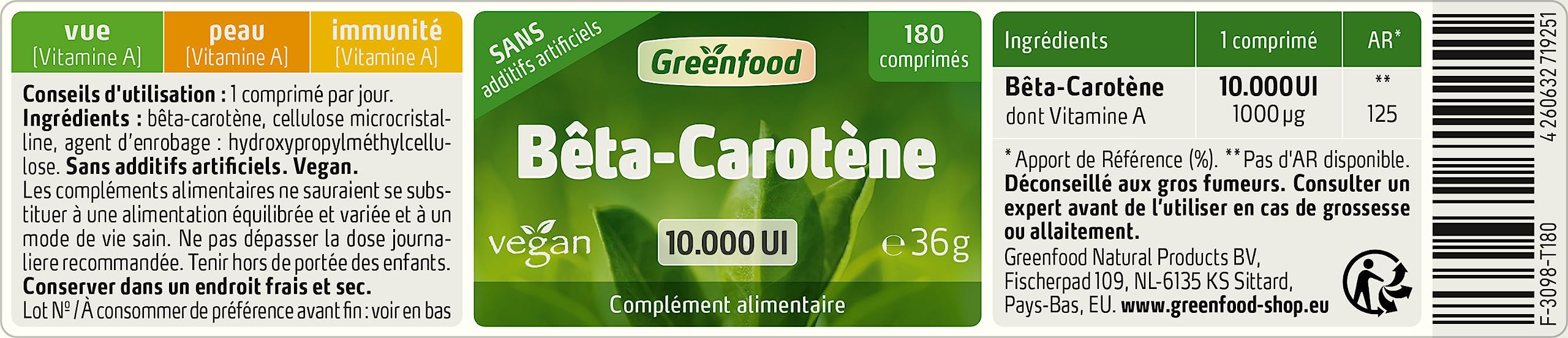 Greenfood Bêta-carotène 10.000 UI, 180 comprimés, Sans additifs artificiels. Sans OGM.Sans lactose. Sans gluten. Vegan.