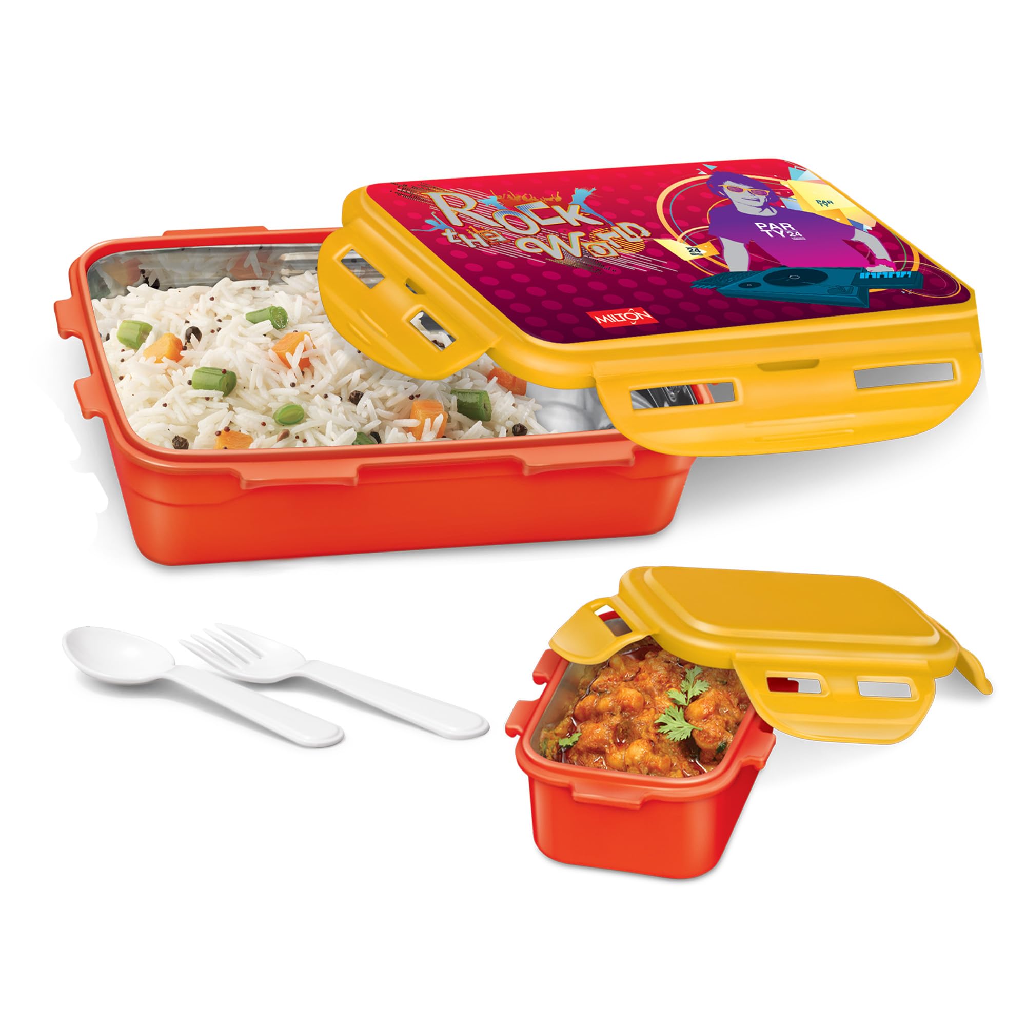 MILTON Mini Fun Treat Lunch Box, Inner Stainless Steel School Kids Tiffin 650 ml, Leak Proof and Airtight Containers with Plastic Spoons, Red-image-20