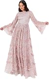 Maya Deluxe Women's Maxi Dress Ladies Modest Round Neck Long Bell Sleeve Sequin Embellished Tiered Ruffle A-Line Bridesmaid Prom, Frosted Pink, 44 - 1