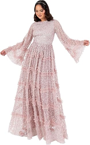 Maya Deluxe Women's Maxi Dress Ladies Modest Round Neck Long Bell Sleeve Sequin 